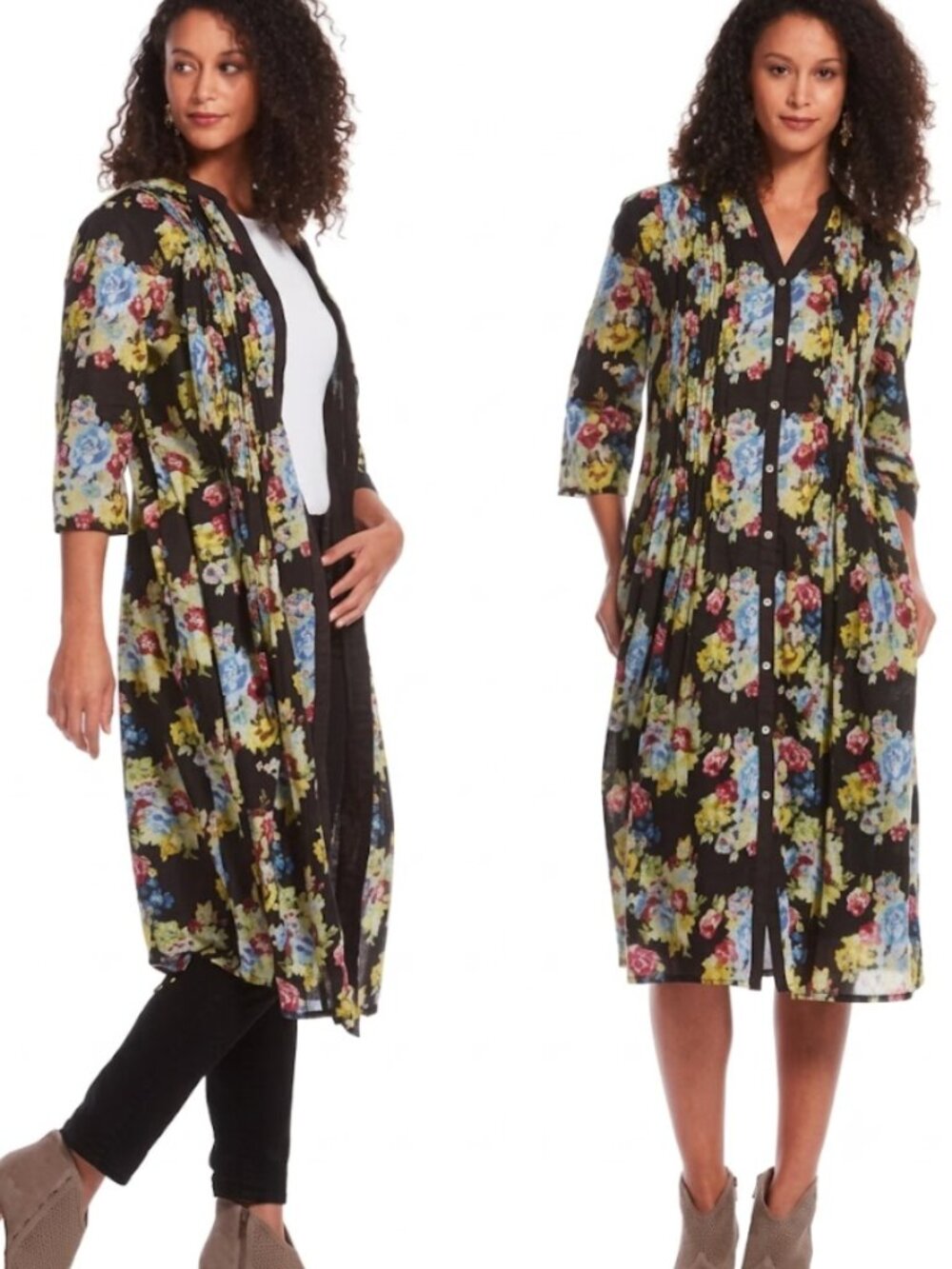J.Peterman | Floral Pleated Boho Shirt Dress w/ Pockets Black Multi | Size Small